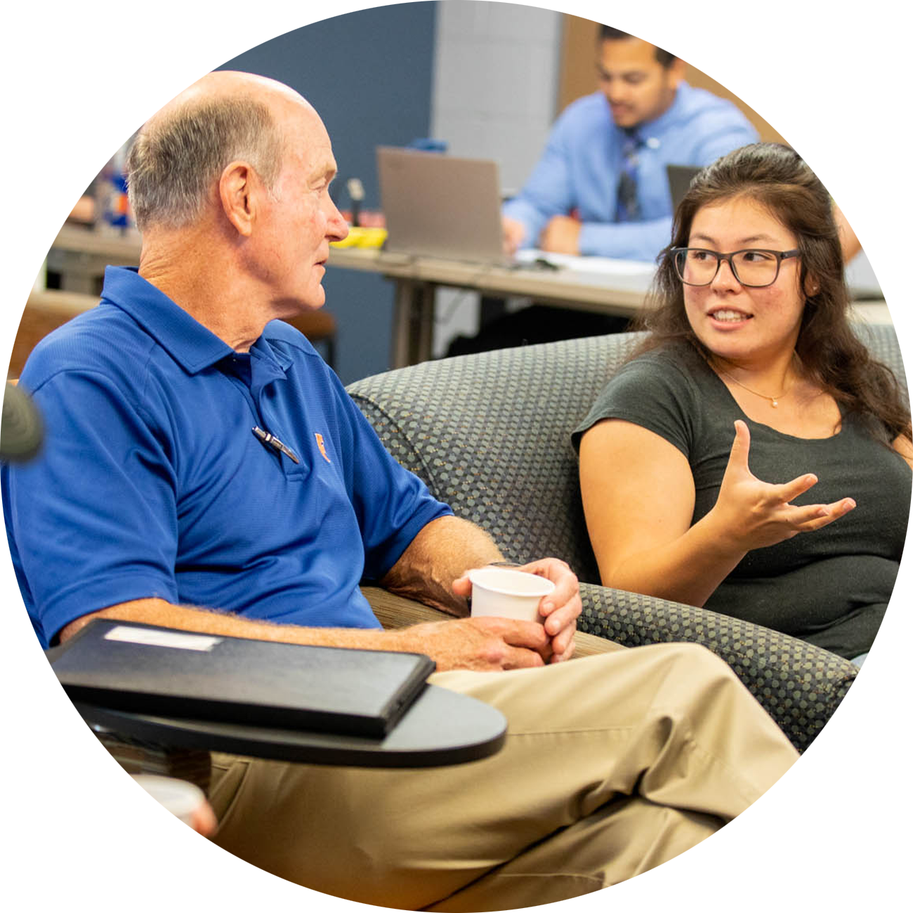 Two veterans have a conversation in the Veterans Success Center.